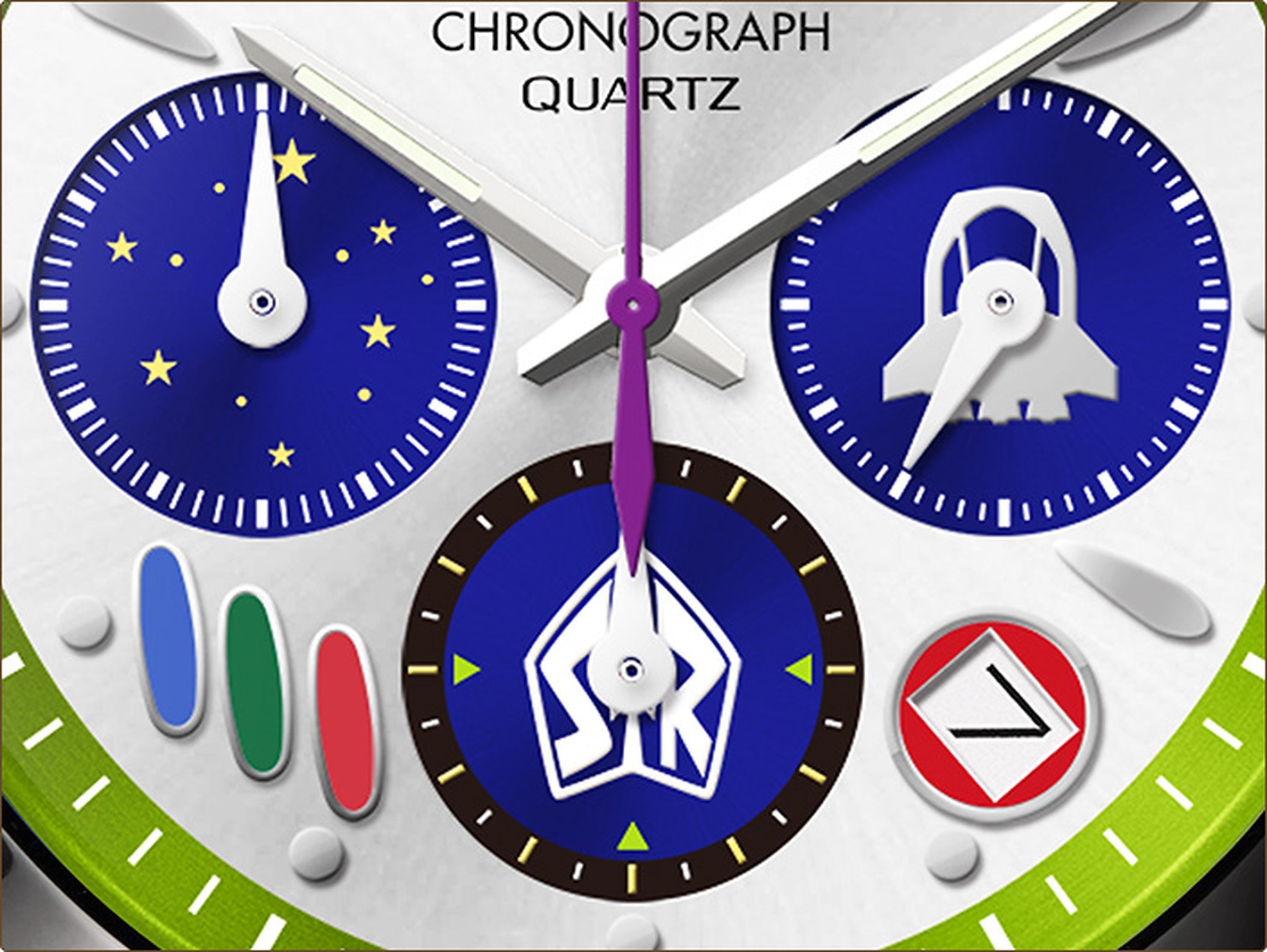 Close-up of Buzz Lightyear Citizen Tsuno Chrono watch dial